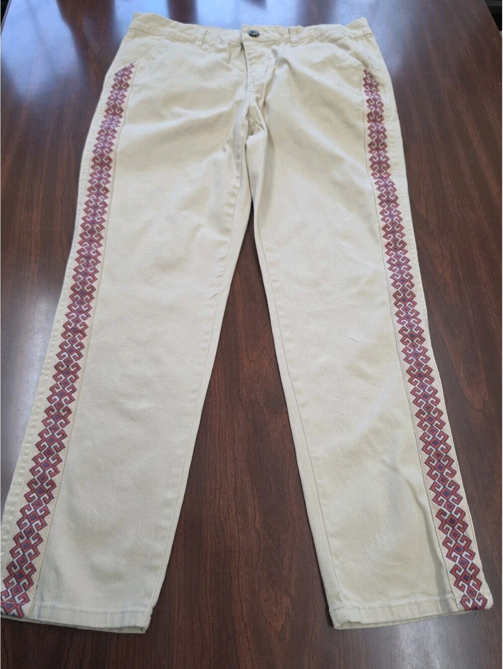 Cherokee Heritage Khaki Pants 10 Chinos Geometric Side Stripe Trim Southwestern